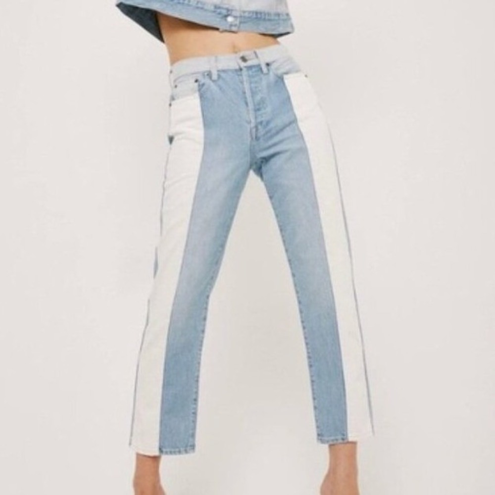 Pistola High Rise Straight Leg Two Tone Colorblock Jeans Light Wash‎ Blue White